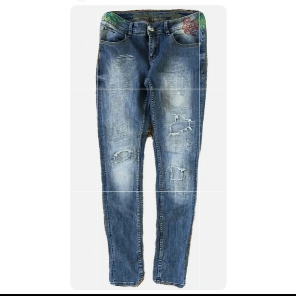 Desigual Love & Learn Donato Skinny Jeans Embroidered Distressed Stretch Slim 28 - Picture 7 of 7